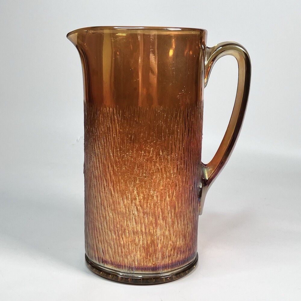 Vtg Jeannette Marigold Carnival Glass Pitcher Tree Bark Pattern 8.75" Orange Jug